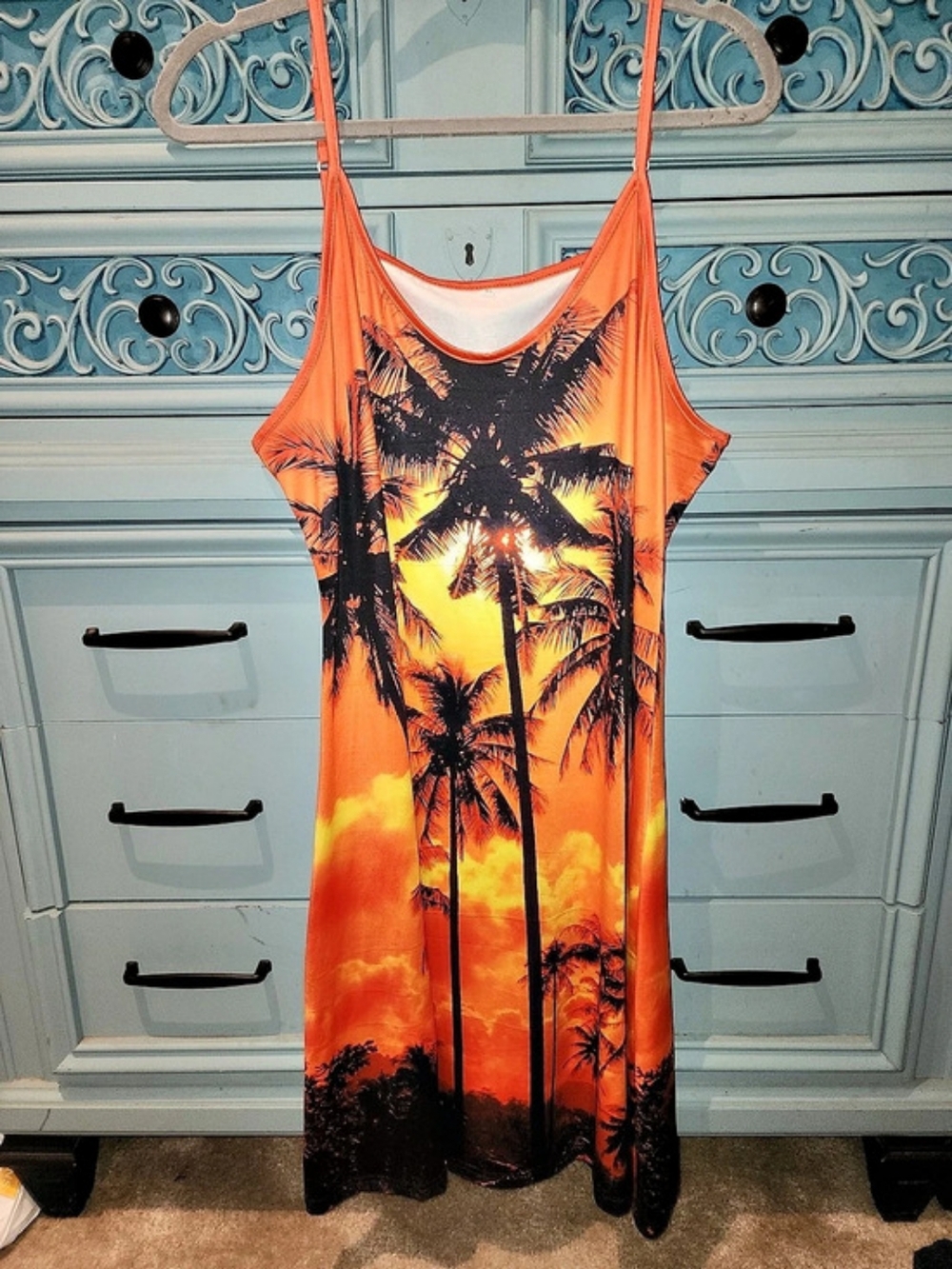 Palm Tree Maxi Dress in Orange & Black Size XL
